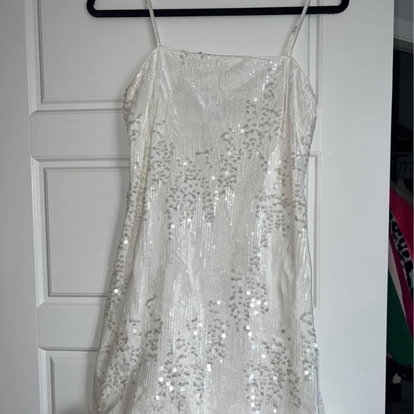 12th Tribe Priscilla White Sequin mini Dress with feather trim medium - Picture 2 of 3